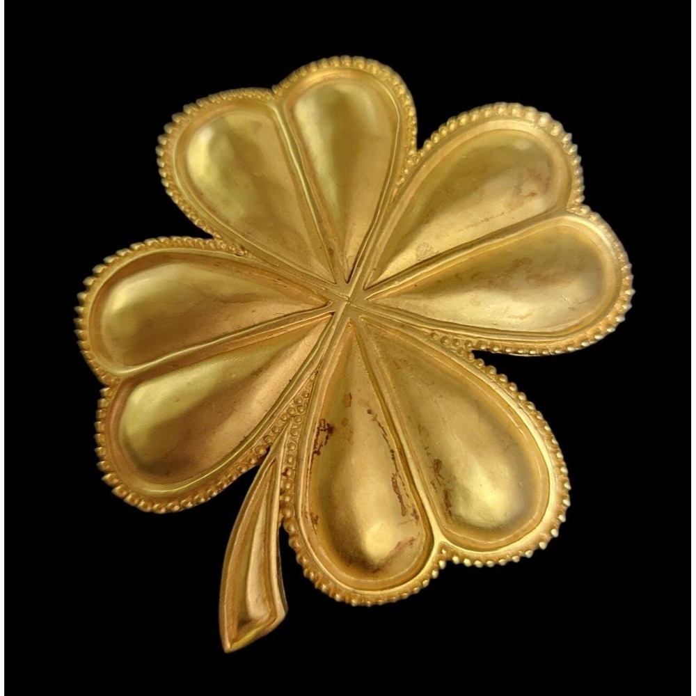 Karl Lagerfeld Vintage Signed Shamrock 4 Leaf Clover Hearts Brooch Pin Gold Tone
